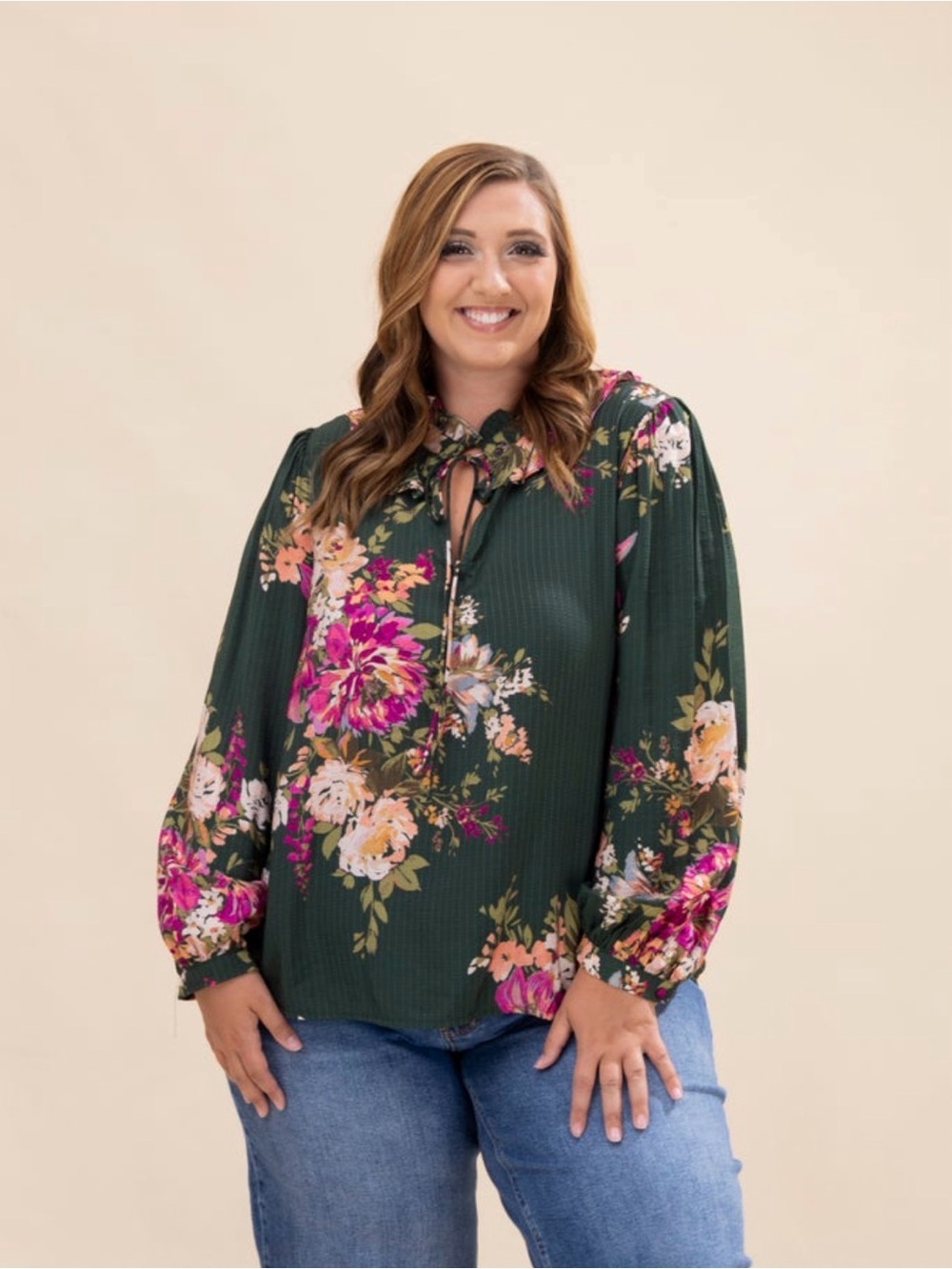 NWT Oddi Floral Print Long Sleeve Blouse Ruffled Neckline Size S